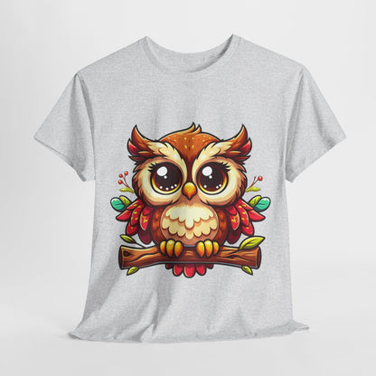 Cute Cartoon Owl T-Shirt, Adorable Owl Branch Tee, Colorful Big-Eyed Owl Shirt, Whimsical Owl Design Tee.