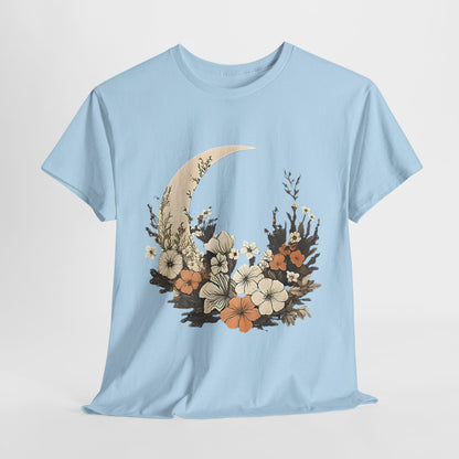 Lunar Bloom T-Shirt,Crescent Moon Floral Tee,Dreamy Night Garden Tee.